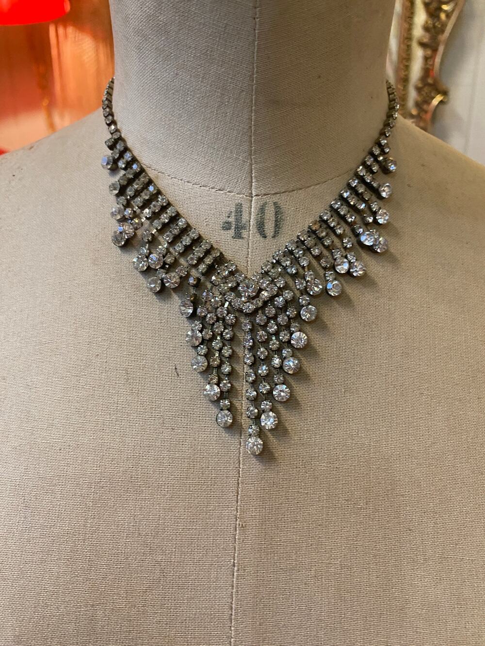 vintage 1990s rhinestone bib necklace, 1950s style jewelry, wedding bridal, prom